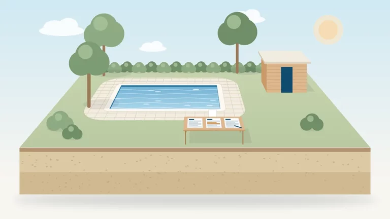 Illustration de trois devis de piscine posés côte à côte sur une table de jardin pour les comparer, devant une piscine terminée