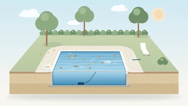 Illustration d'une piscine en automne : feuilles sur l'eau, épuisette, trousse d'analyse sur la margelle et robot nettoyeur au fond, vu en coupe