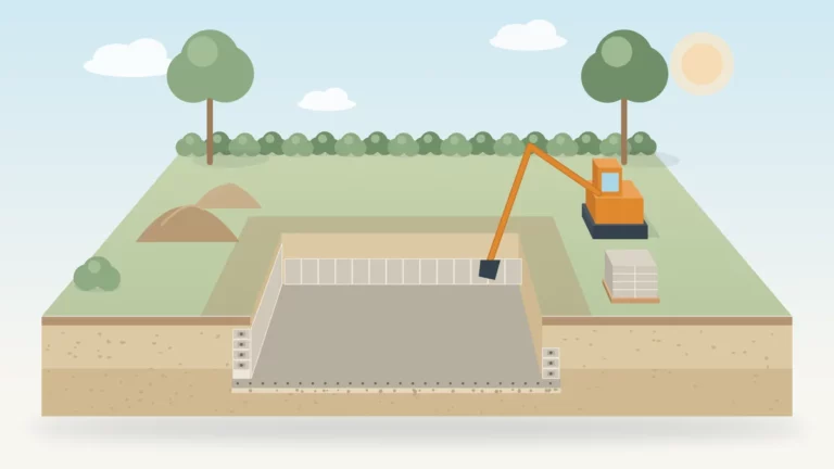 Illustration d'un chantier de piscine enterrée : fouille terrassée, radier coulé, murs en blocs en cours de montage, pelleteuse, tas de terre et palette de blocs