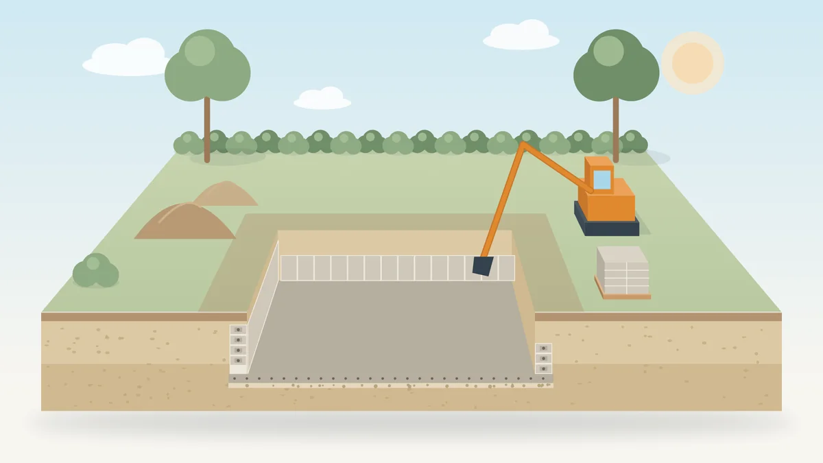 Illustration d'un chantier de piscine enterrée : fouille terrassée, radier coulé, murs en blocs en cours de montage, pelleteuse, tas de terre et palette de blocs