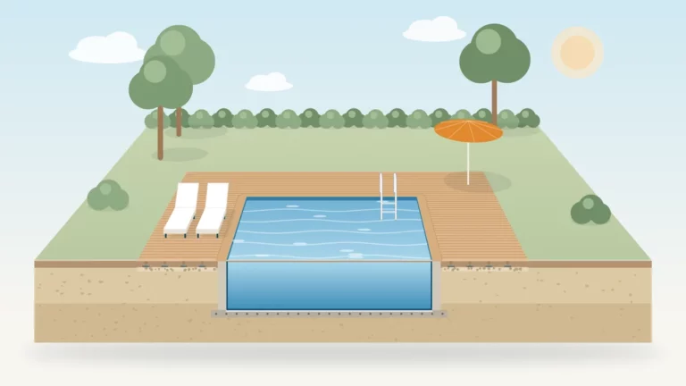 Illustration en coupe d'une plage de piscine en bois : lames sur lambourdes et plots réglables posés sur gravier, tout autour du bassin