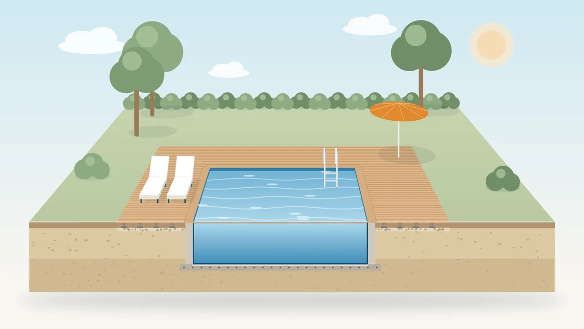 Illustration en coupe d'une plage de piscine en bois : lames sur lambourdes et plots réglables posés sur gravier, tout autour du bassin